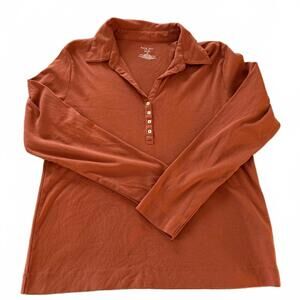 KATE HILL Casual Deep Orange long sleeve V neck Button 100% Cotton Polo SZ L
